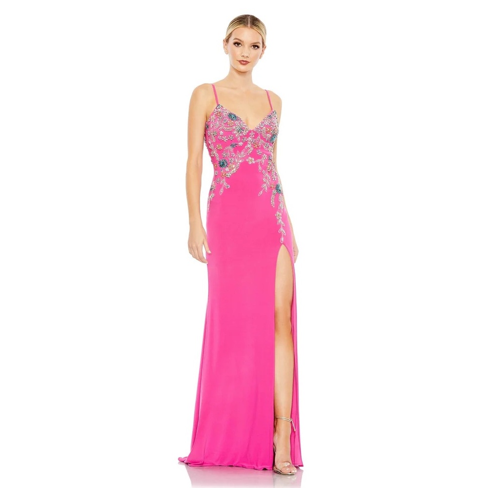 New Without Tag MAC DUGGAL MULTI COLOR BEADED FLORAL CAMI GOWN HOT PINK